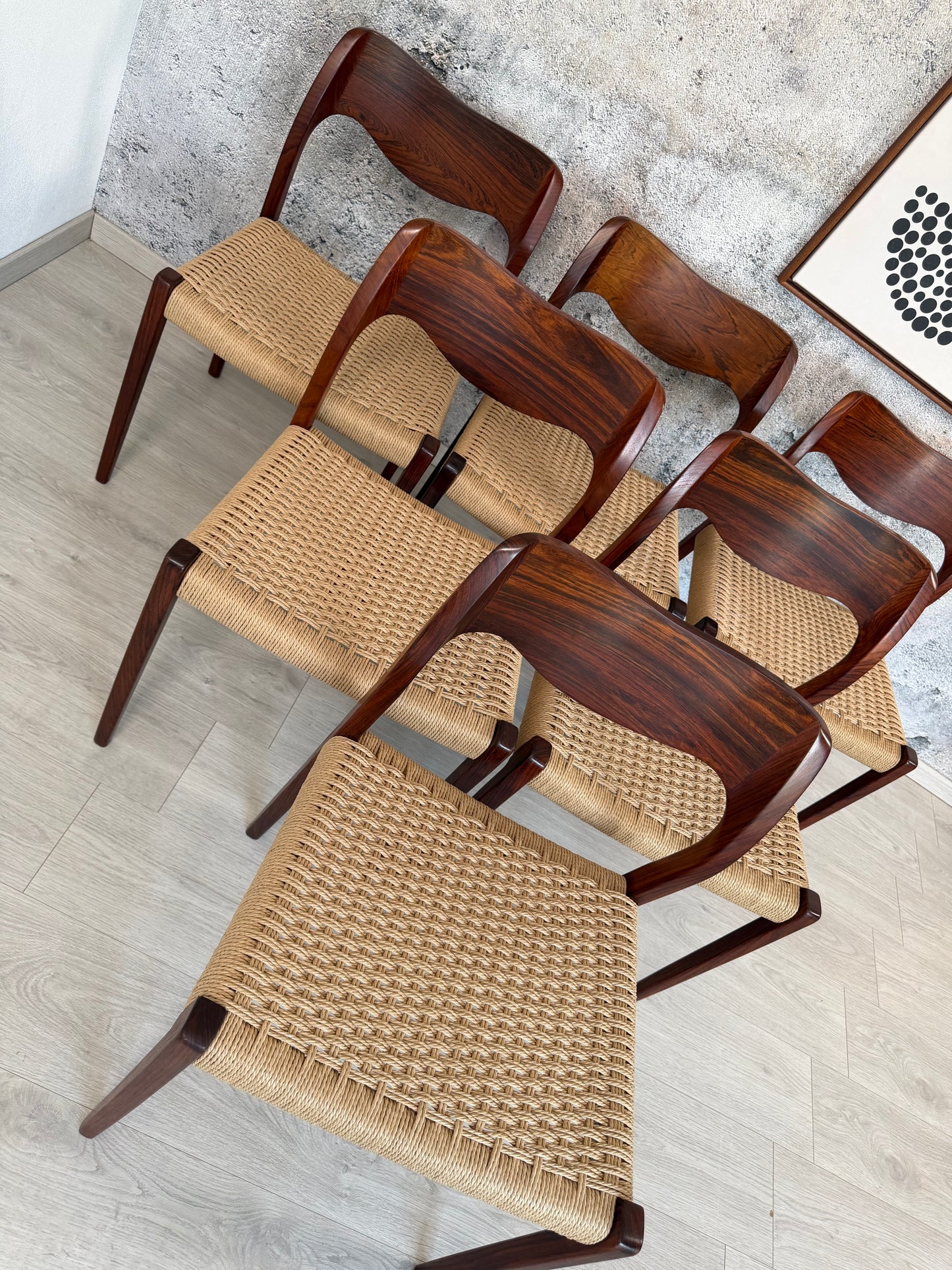6er Set Palisander Stühle Møller Modell 71 Geflecht Neu, 60er