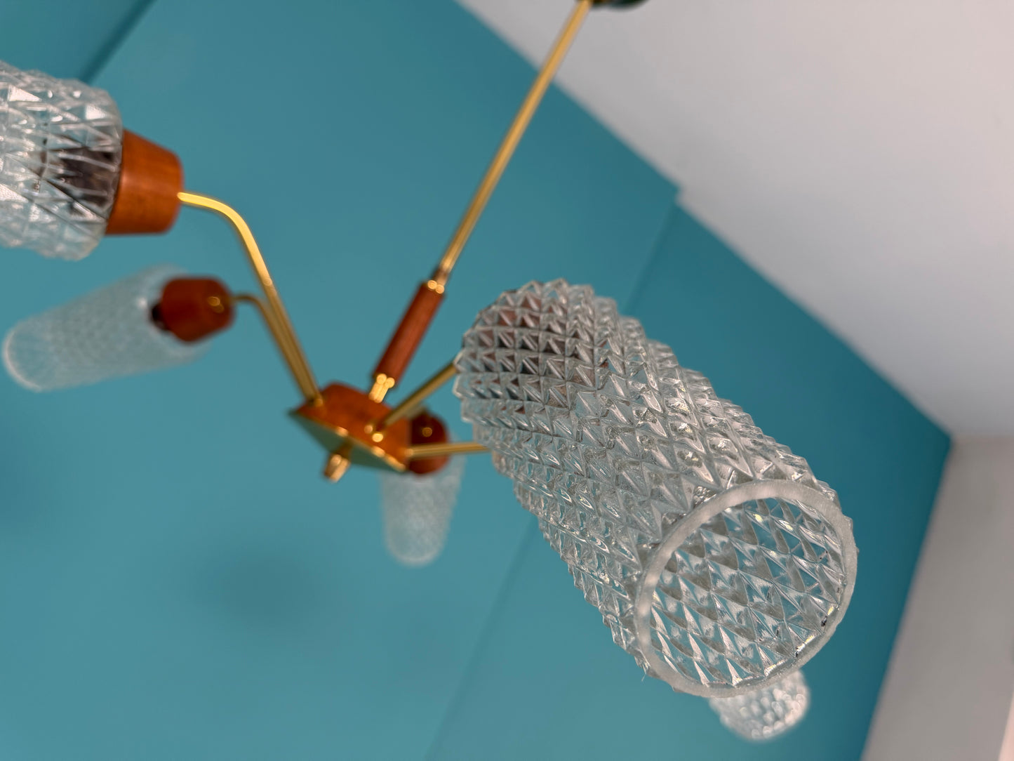 Deckenlampe I Spinnenlampe mit Teakelementen, 60er