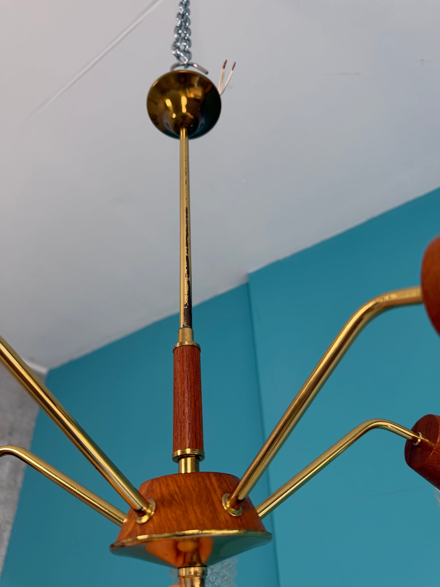 Deckenlampe I Spinnenlampe mit Teakelementen, 60er