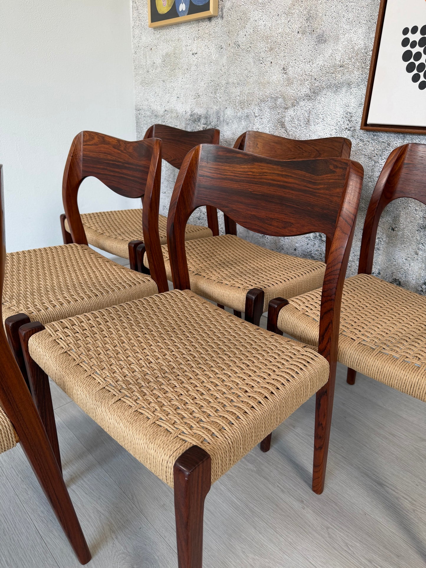 6er Set Palisander Stühle Møller Modell 71 Geflecht Neu, 60er