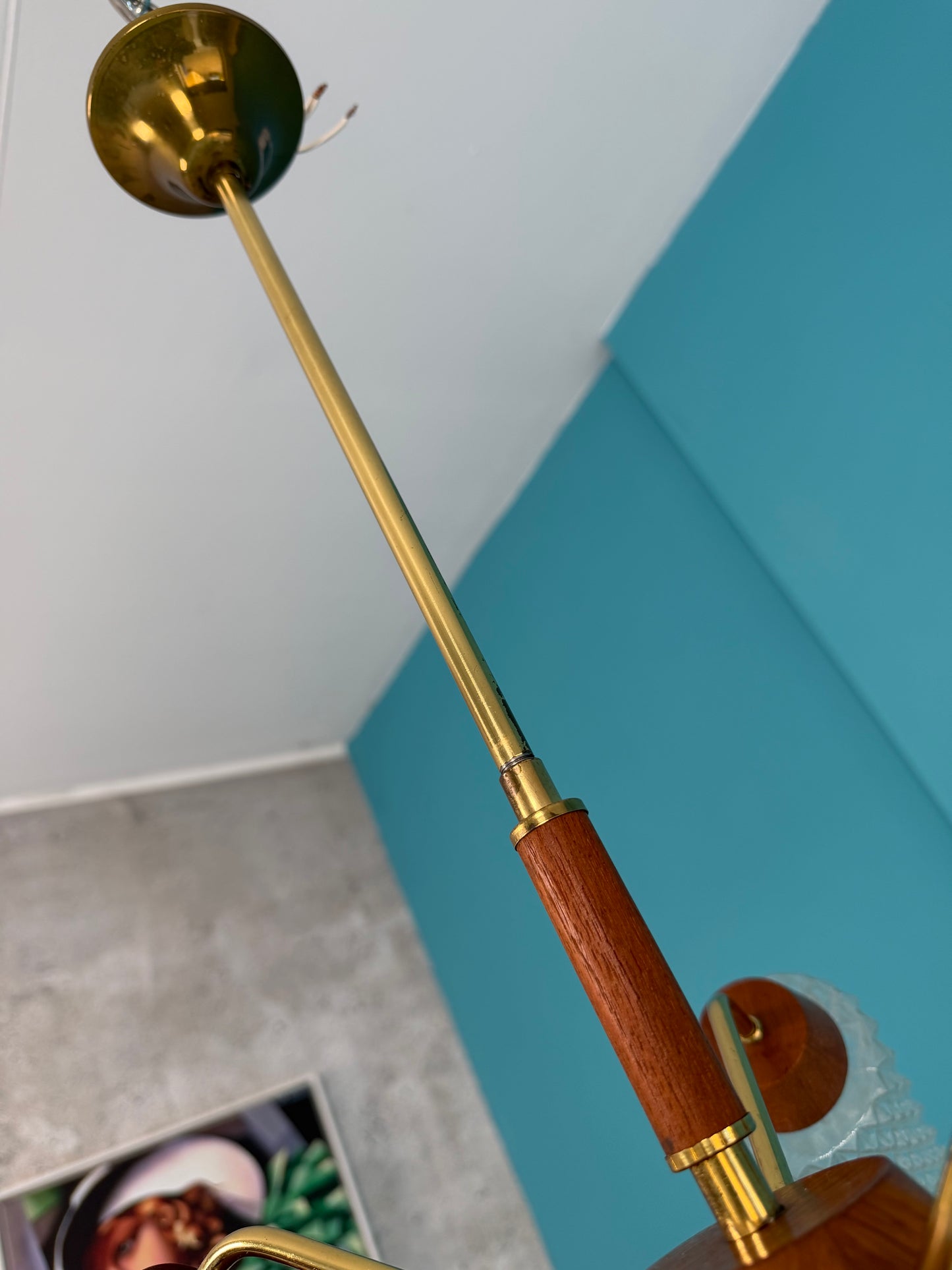 Deckenlampe I Spinnenlampe mit Teakelementen, 60er