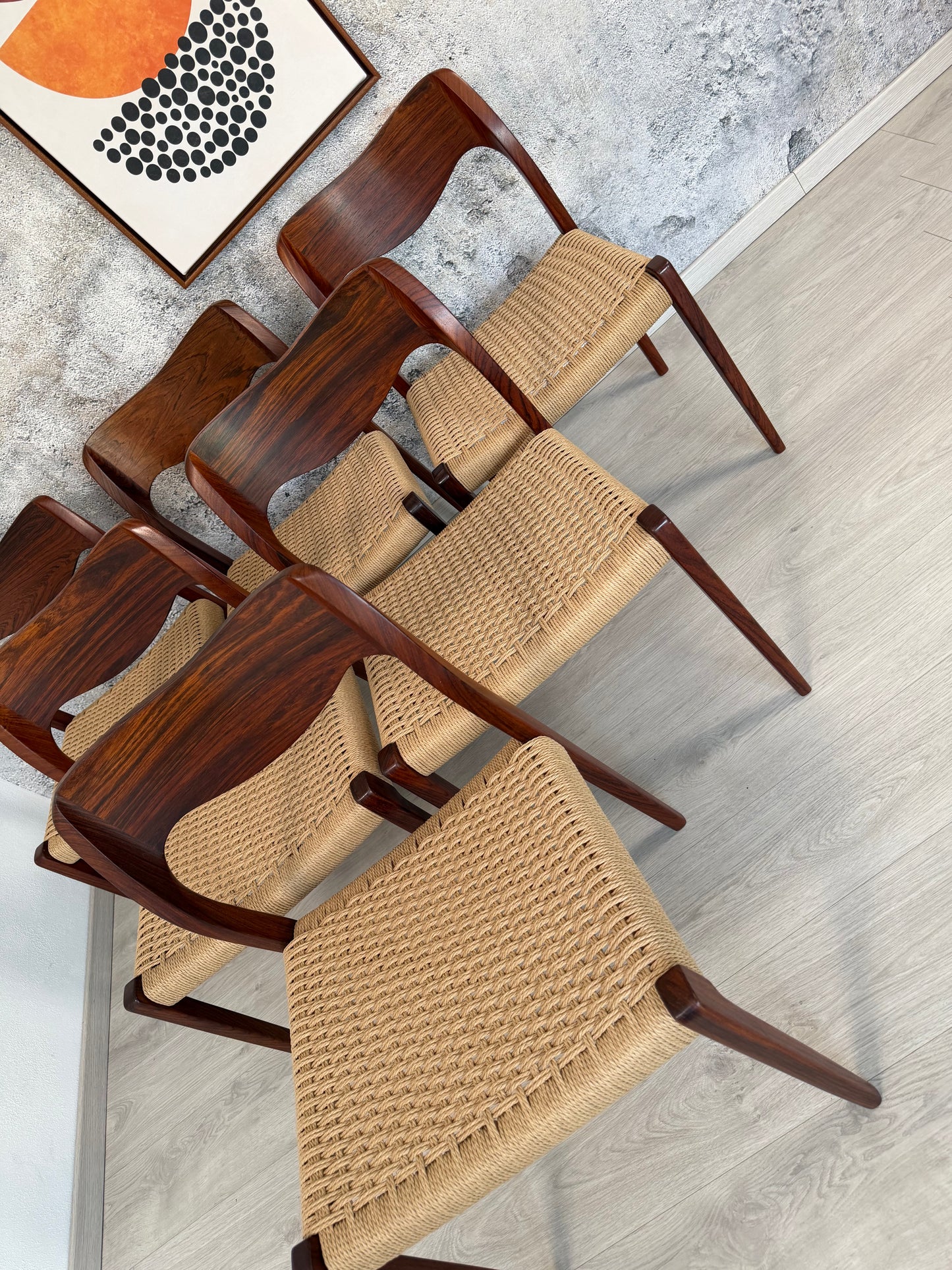 6er Set Palisander Stühle Møller Modell 71 Geflecht Neu, 60er
