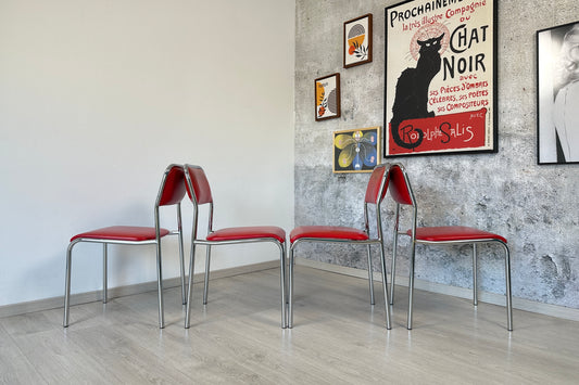 4er Set Rote Vintage Küchenstühle / Stühle aus Metall & Kunstleder, 70er