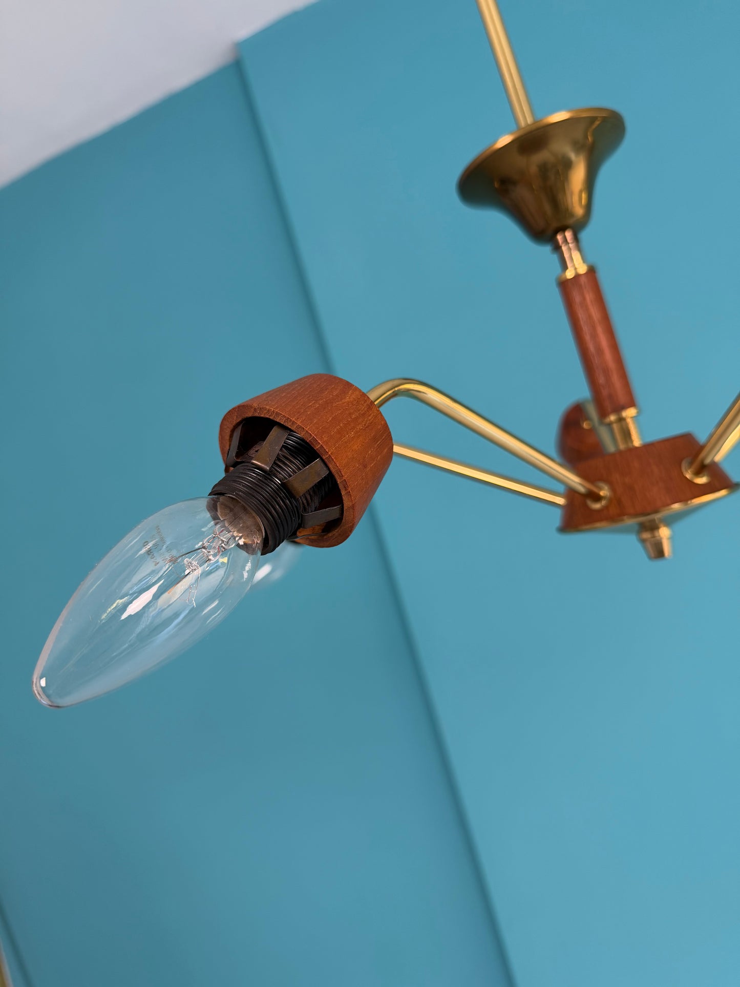 Deckenlampe I Spinnenlampe mit Teakelementen, 60er
