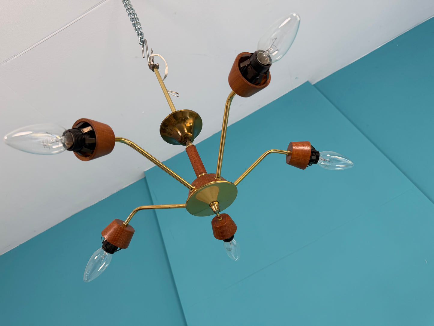 Deckenlampe I Spinnenlampe mit Teakelementen, 60er