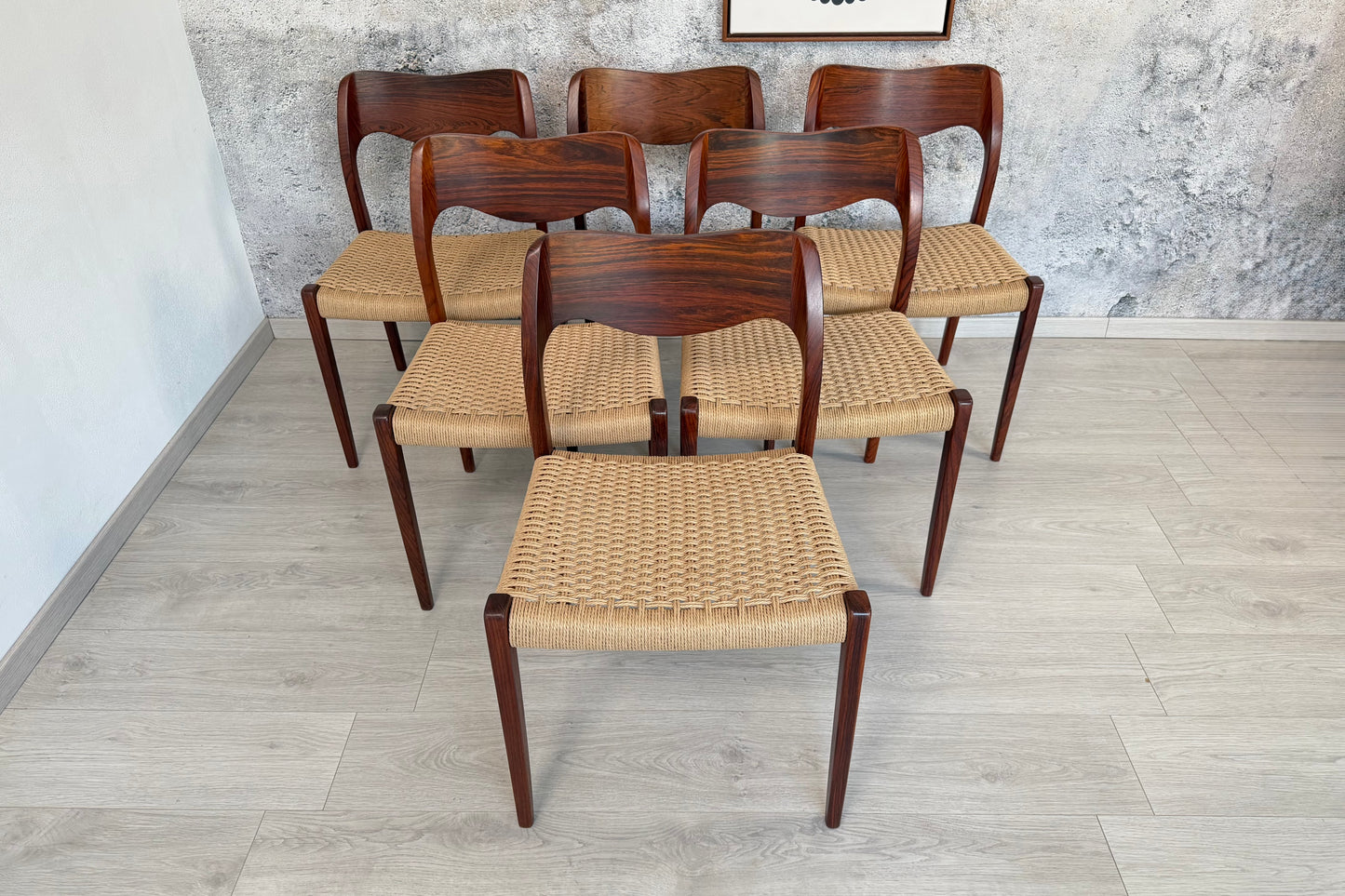 6er Set Palisander Stühle Møller Modell 71 Geflecht Neu, 60er