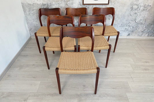6er Set Palisander Stühle Møller Modell 71 Geflecht Neu, 60er