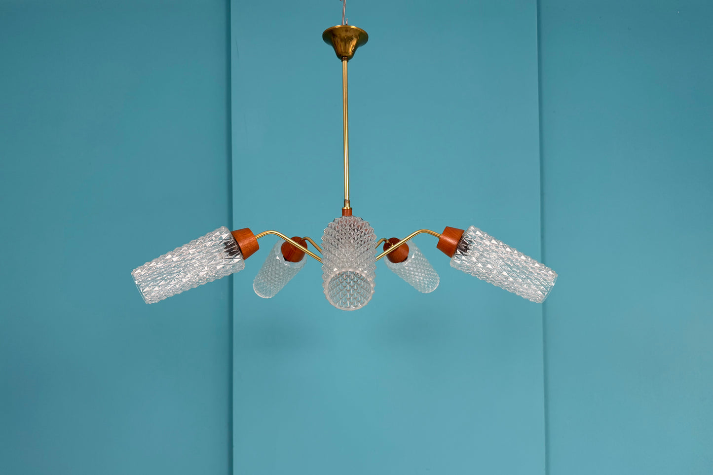Deckenlampe I Spinnenlampe mit Teakelementen, 60er