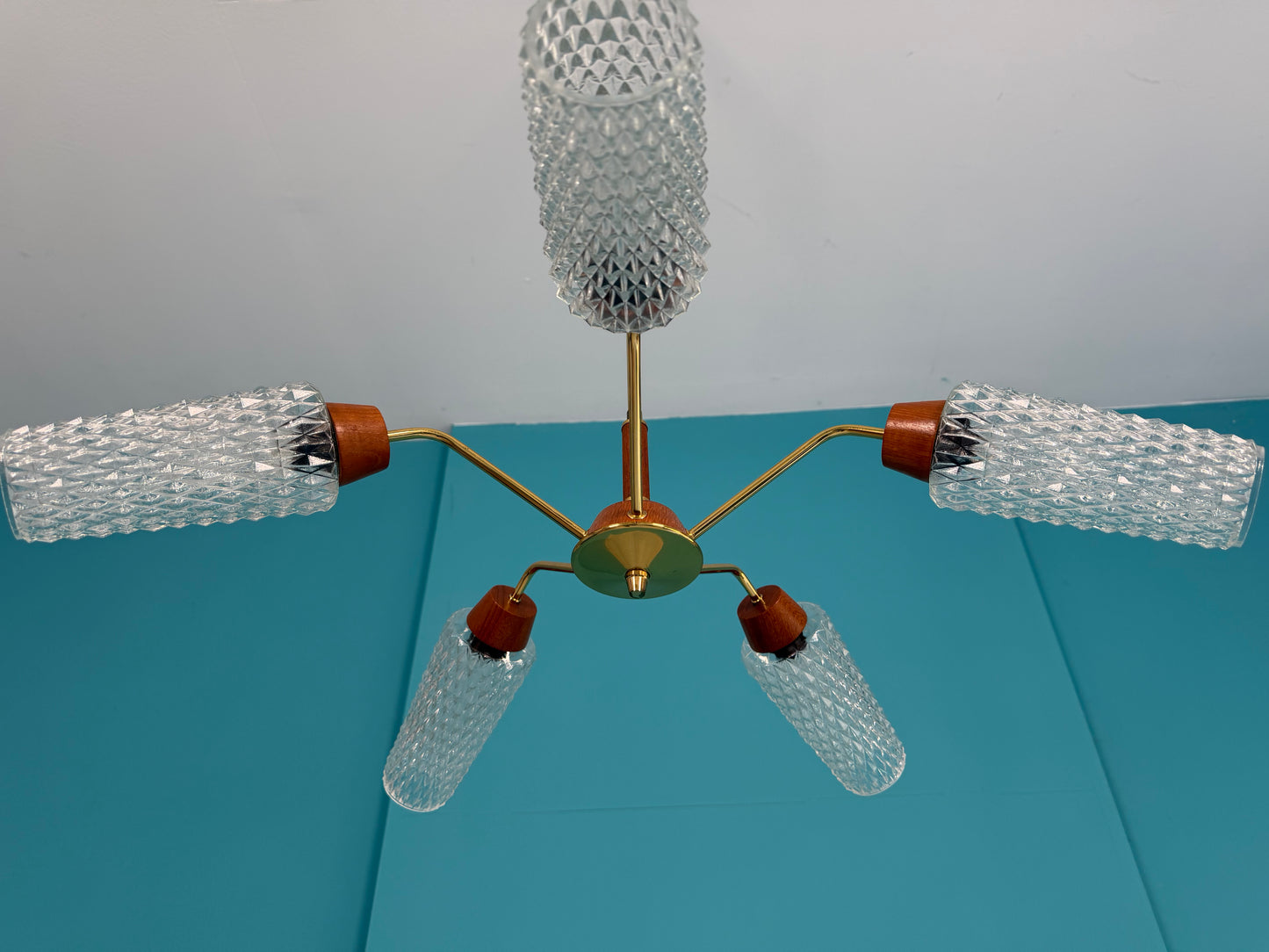 Deckenlampe I Spinnenlampe mit Teakelementen, 60er