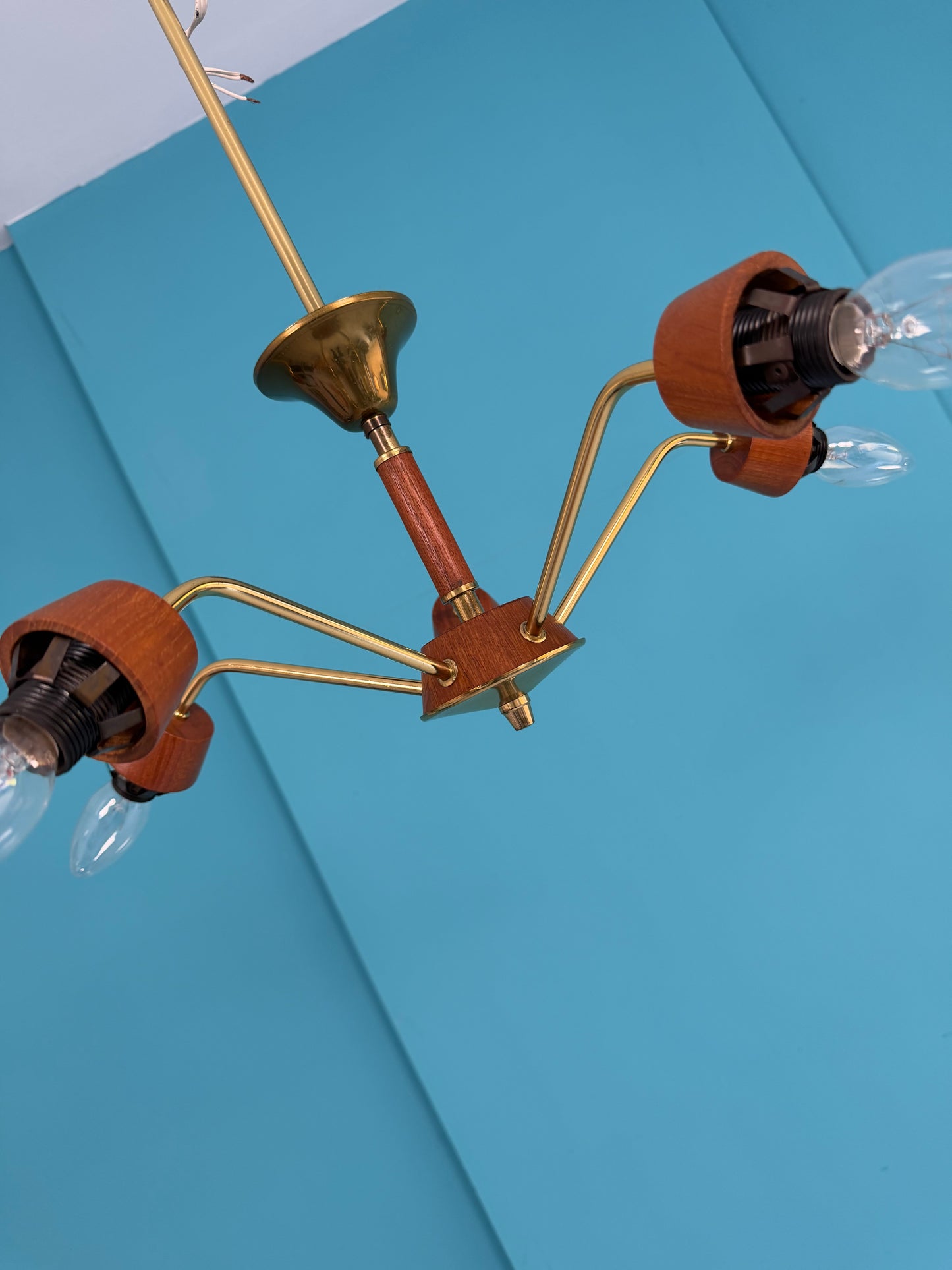 Deckenlampe I Spinnenlampe mit Teakelementen, 60er