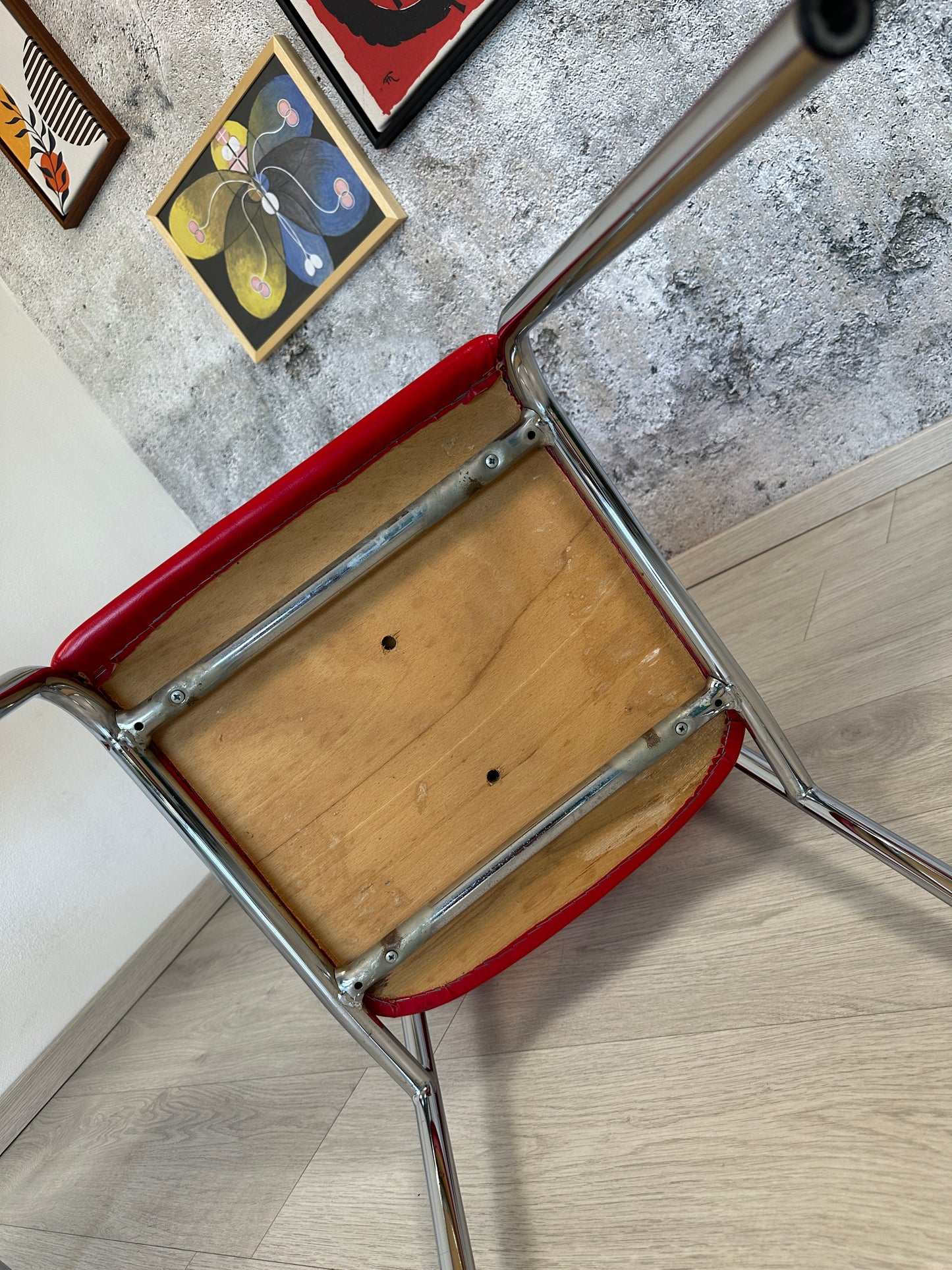 4er Set Rote Vintage Küchenstühle / Stühle aus Metall & Kunstleder, 70er