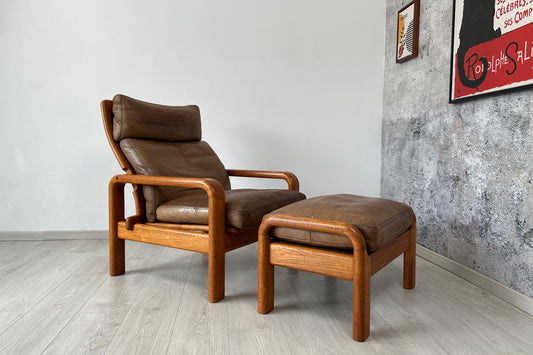 Dänischer Teak Sessel mit Hocker und Lederauflage von L. Olsen & Son