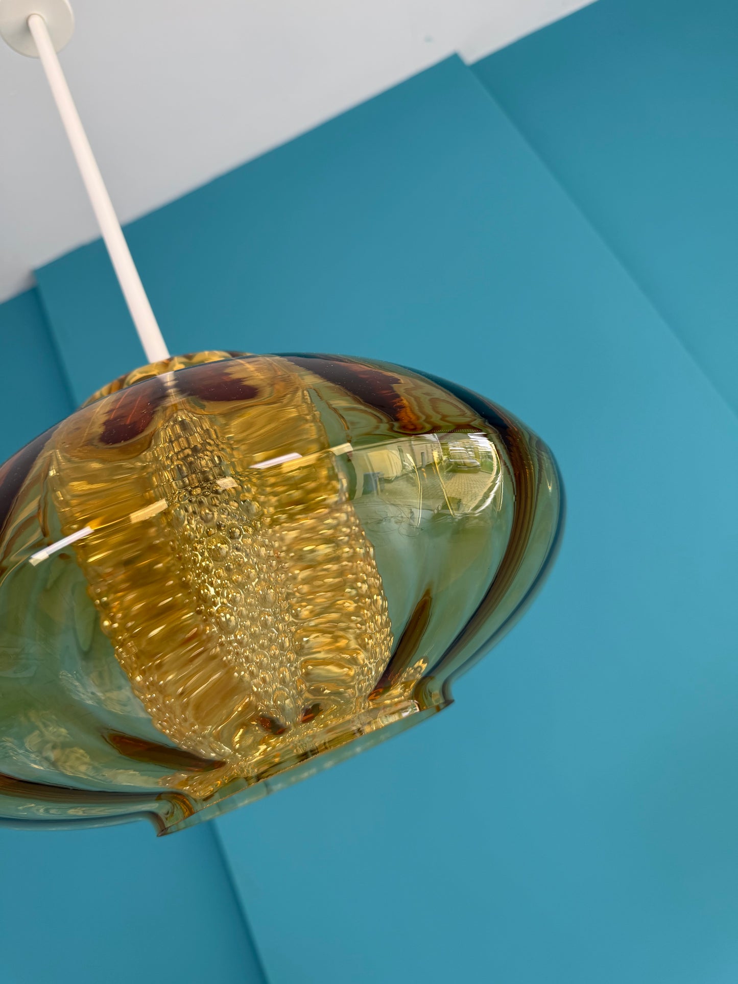 Mid-Century / Space-Age Hängelampe – bernsteinfarbenes Glas , 60er/70er