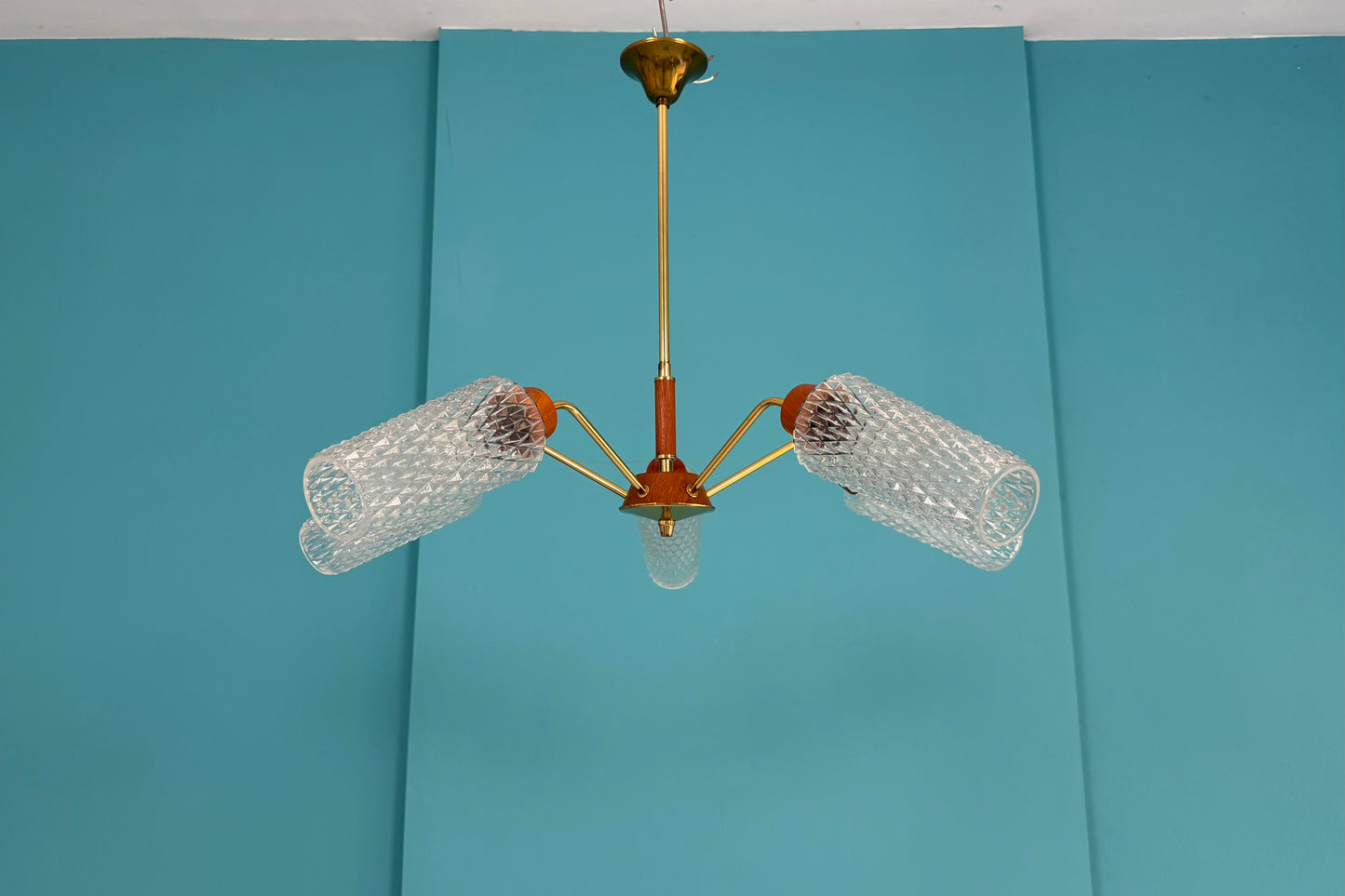 Deckenlampe I Spinnenlampe mit Teakelementen, 60er
