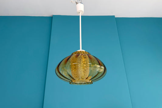 Mid-Century / Space-Age Hängelampe – bernsteinfarbenes Glas , 60er/70er