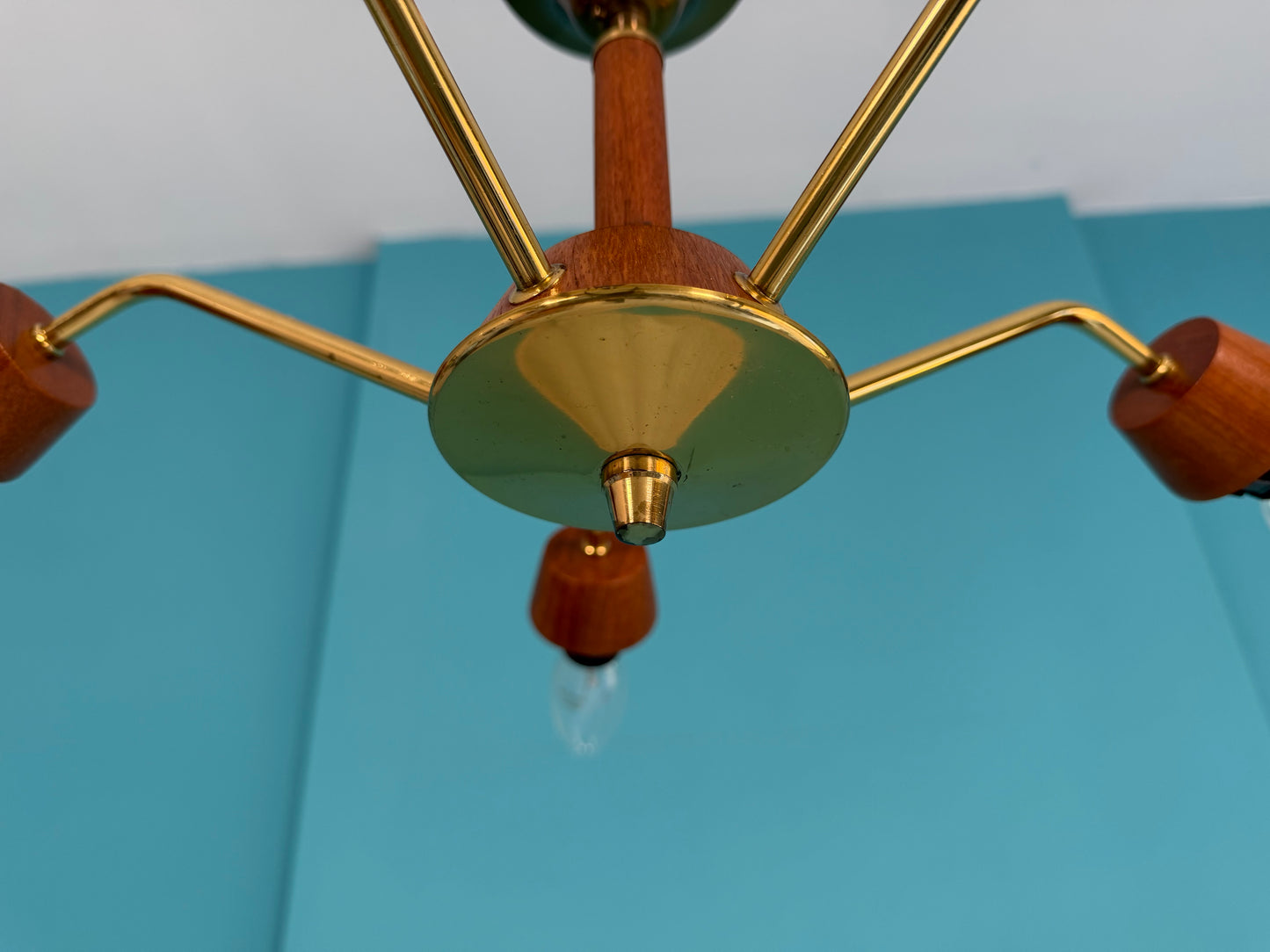 Deckenlampe I Spinnenlampe mit Teakelementen, 60er