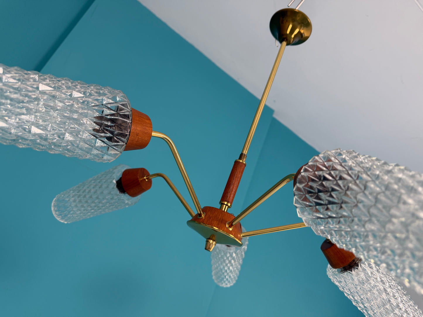 Deckenlampe I Spinnenlampe mit Teakelementen, 60er