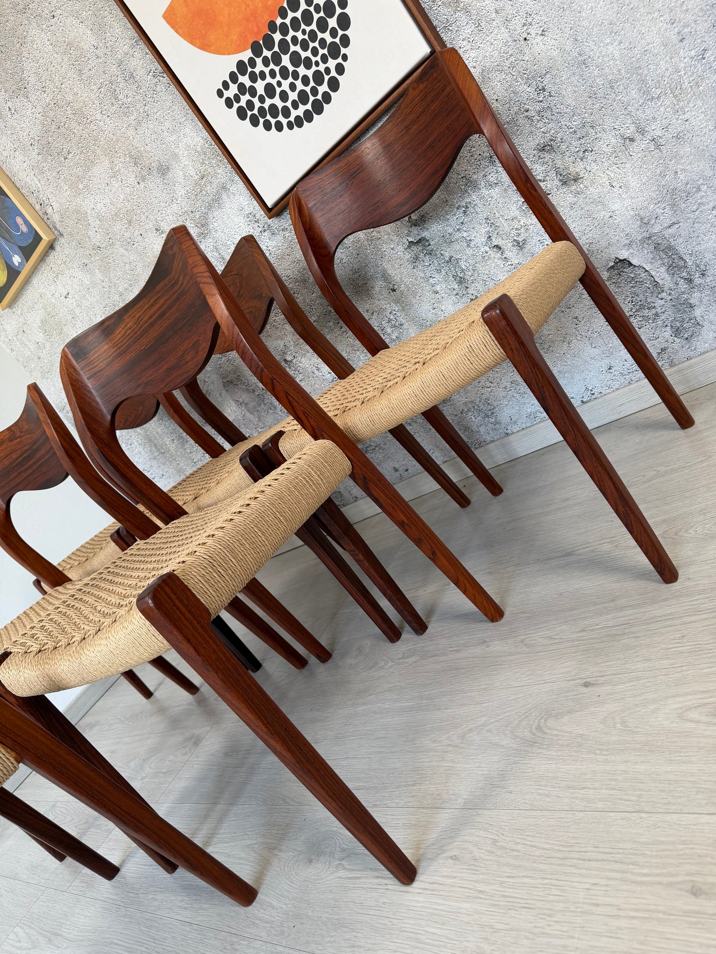 6er Set Palisander Stühle Møller Modell 71 Geflecht Neu, 60er