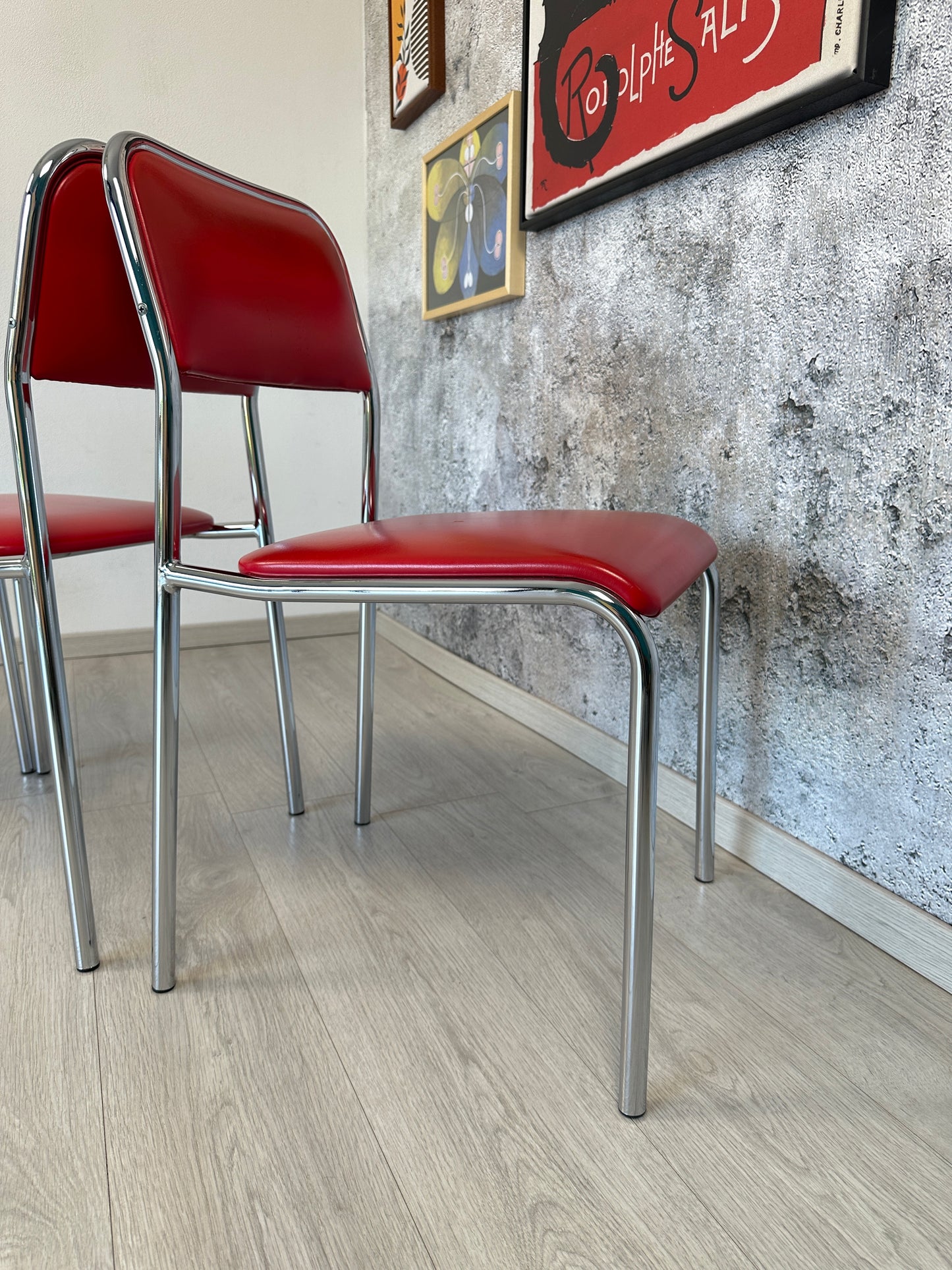 4er Set Rote Vintage Küchenstühle / Stühle aus Metall & Kunstleder, 70er